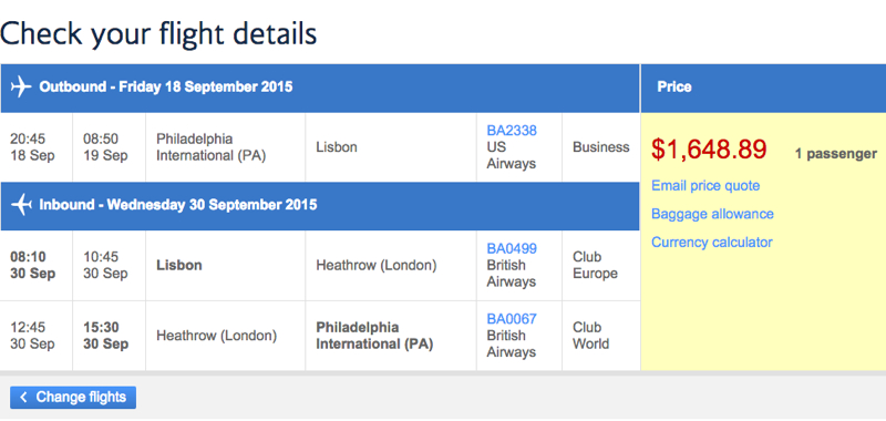 Business Class to Lisbon with US Air and British Airways for $1600