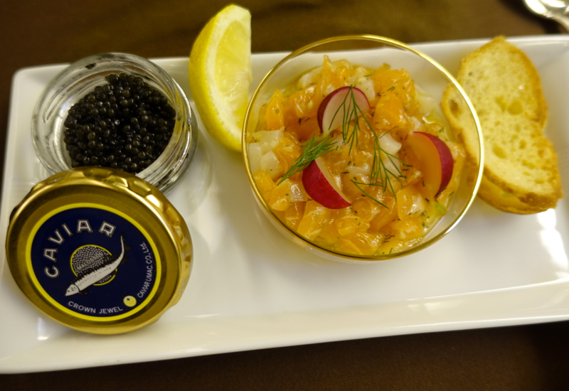 JAL First Class Review-Caviar and Salmon and Scallop Tartare