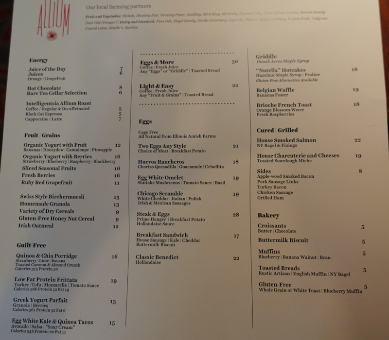 Allium Four Seasons Chicago Breakfast Menu