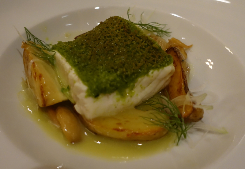 Alaskan Halibut with Herb Crust and Green Olive Fennel Emulsion, Allium Four Seasons Chicago Review