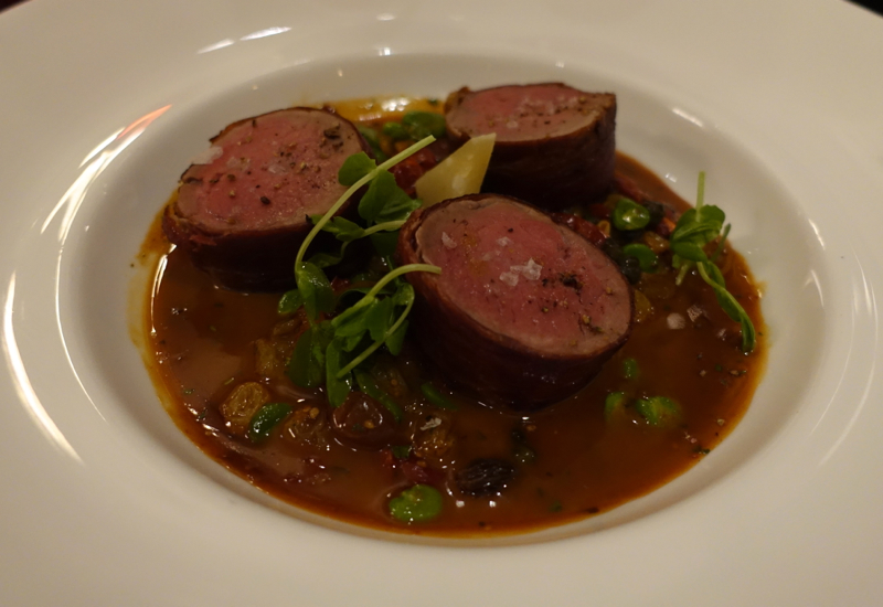 Serrano Wrapped Veal Fillet with Fava Bean Relish, Allium Four Seasons Chicago Review