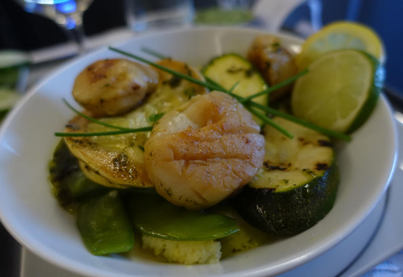 Dinner: Fried Scallops and Polenta, Air Berlin Business Class Review