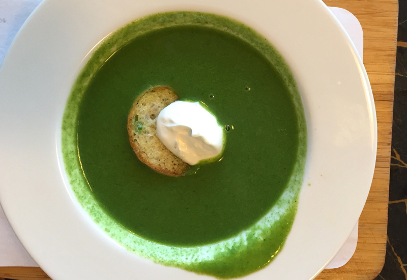 Spring Pea Soup with Mint and Creme Fraiche, Virgin Atlantic Clubhouse, NYC JFK