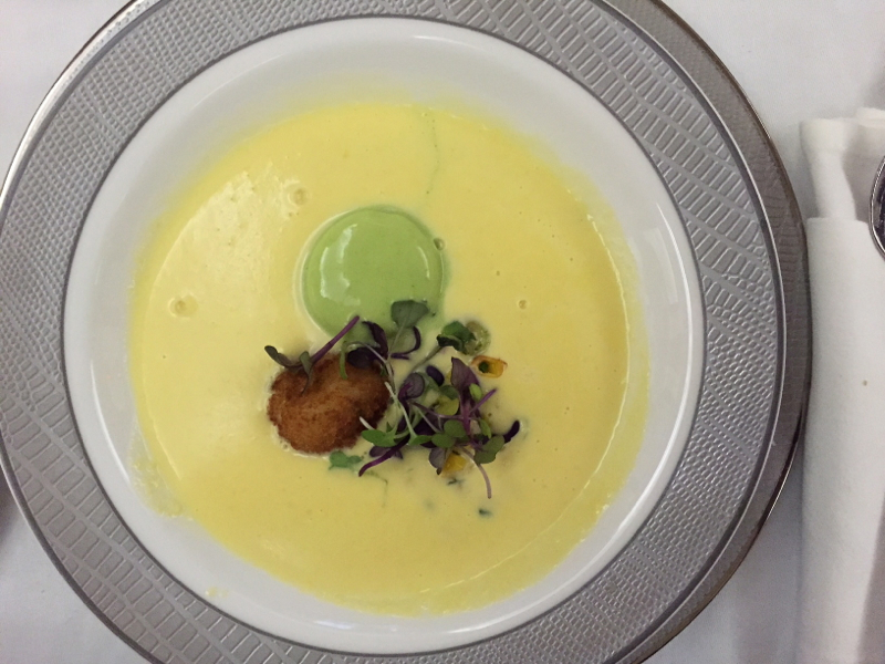 Corn Soup with Crab Croquette, Singapore Suites on the A380