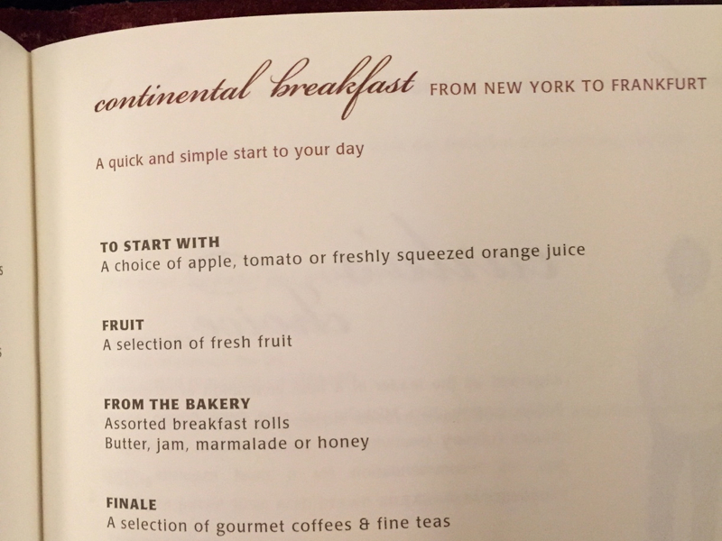 Singapore Suites Breakfast Menu, NYC JFK to Frankfurt