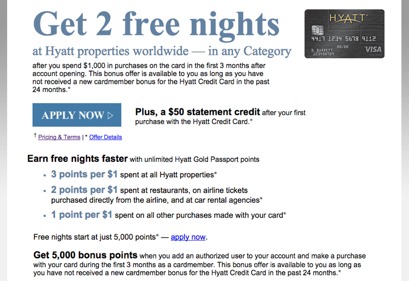 Hyatt Visa: 2 Free Nights, $50 Statement Credit and 5000 Bonus Points
