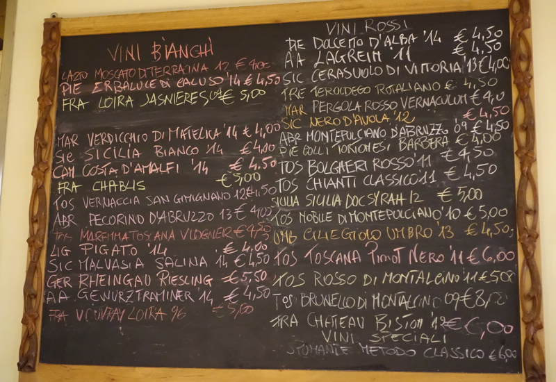 Chalkboard Wine List at Le Volpi e L'Uva Wine Bar Florence