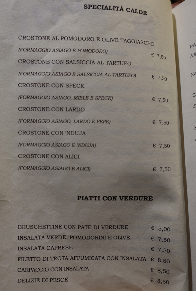 Le Volpi e L'Uva Menu-Crostone (Toasted Open Face Sandwiches) and Salads