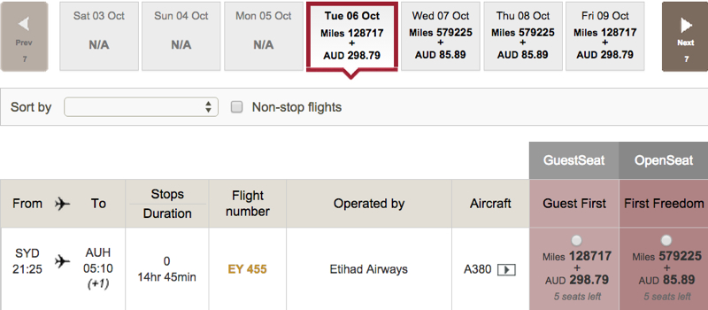 Last Minute Etihad A380 First Apartment Award Availability for Sydney Route