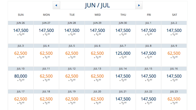 Delta Business Class Award Calendar NYC to Nice NCE June to July 2016