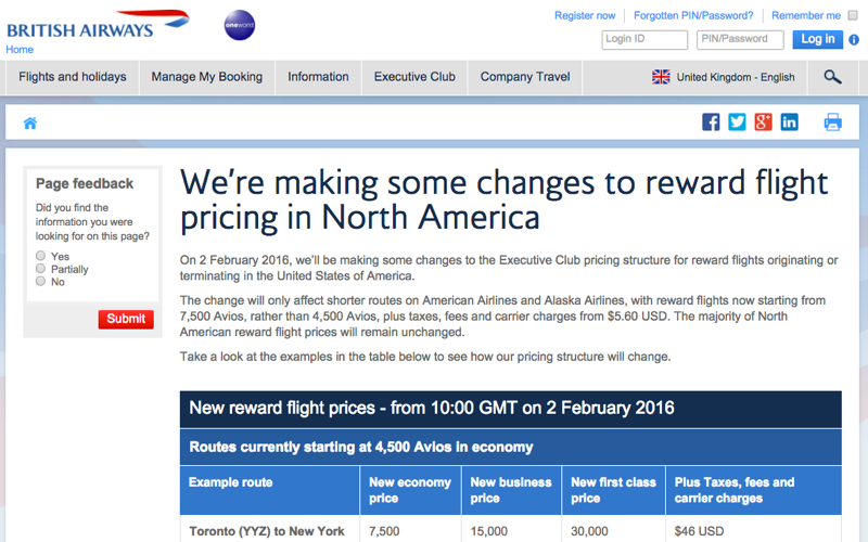 British Airways Devaluation: Bye Bye 4500 Avios Awards in U.S.