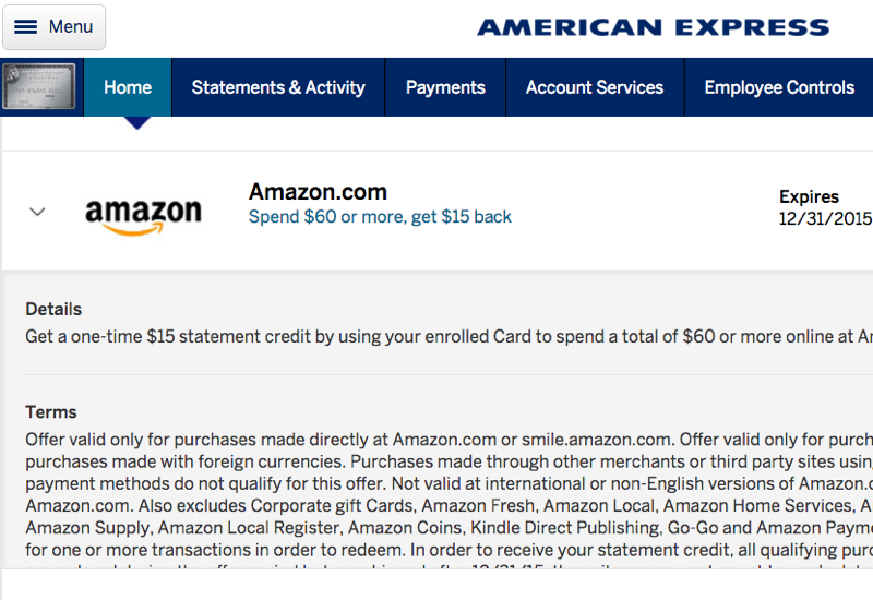 AMEX: $15 Off $60 at Amazon