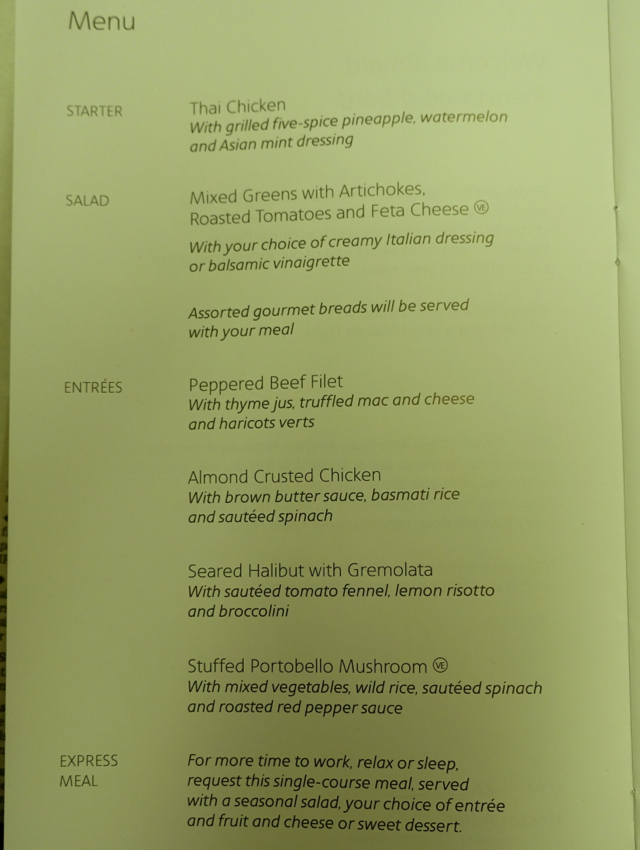 American Airlines 767 Business Class Dinner Menu