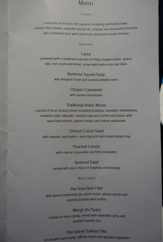 Dinner Menu, Emirates First Class A380 NYC to Dubai