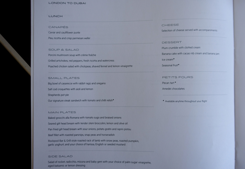 Menu, Qantas First Class A380 London to Dubai