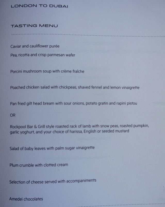 Tasting Menu, Qantas First Class A380-London to Dubai