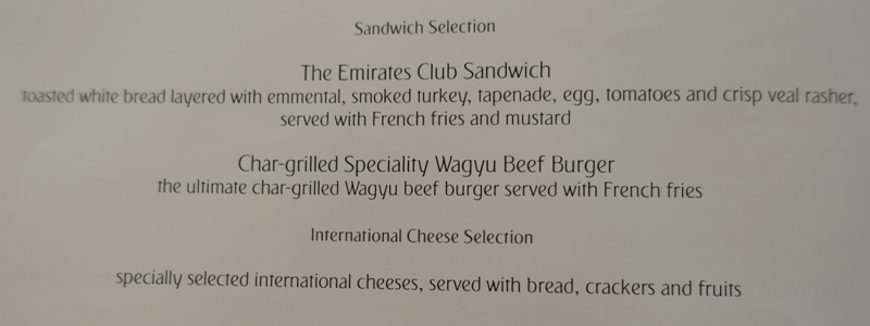 Emirates First Class Lounge Dubai Menu-Club Sandwich and Wagyu Burger