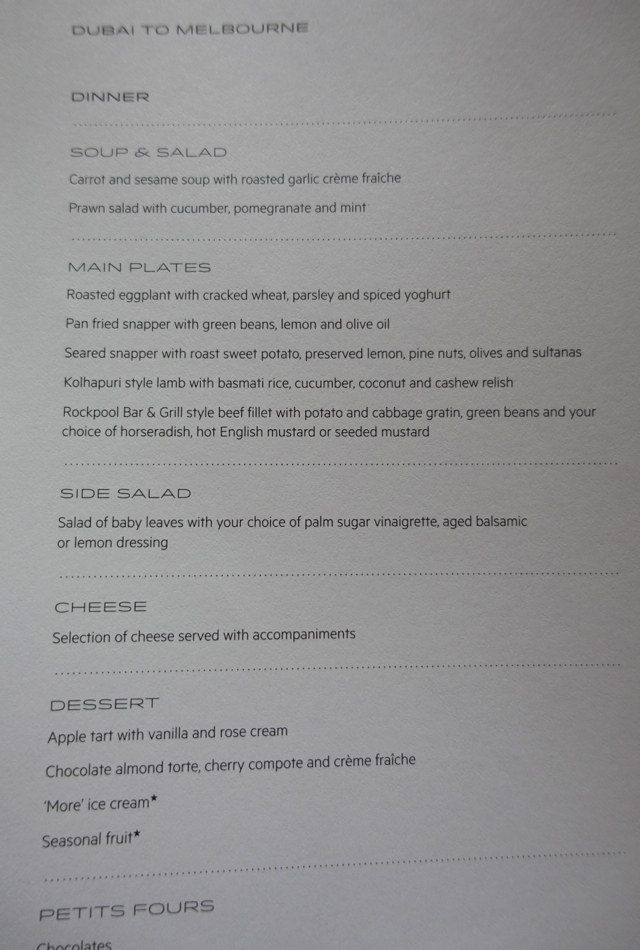 Dinner Menu, Qantas A380 First Class Review Dubai to Melbourne Australia