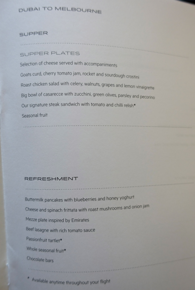 Supper Menu, Qantas A380 First Class Dubai to Melbourne