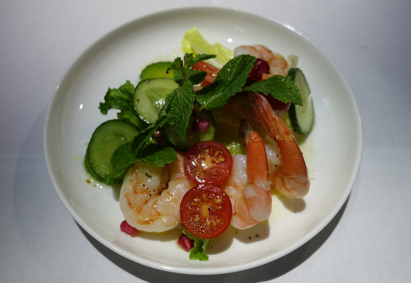 Prawn Salad with Cucumber, Pomegranate and Mint, Qantas A380 First Class Review