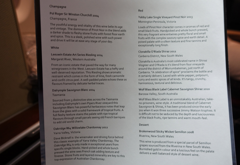 Wine List, Qantas A380 First Class