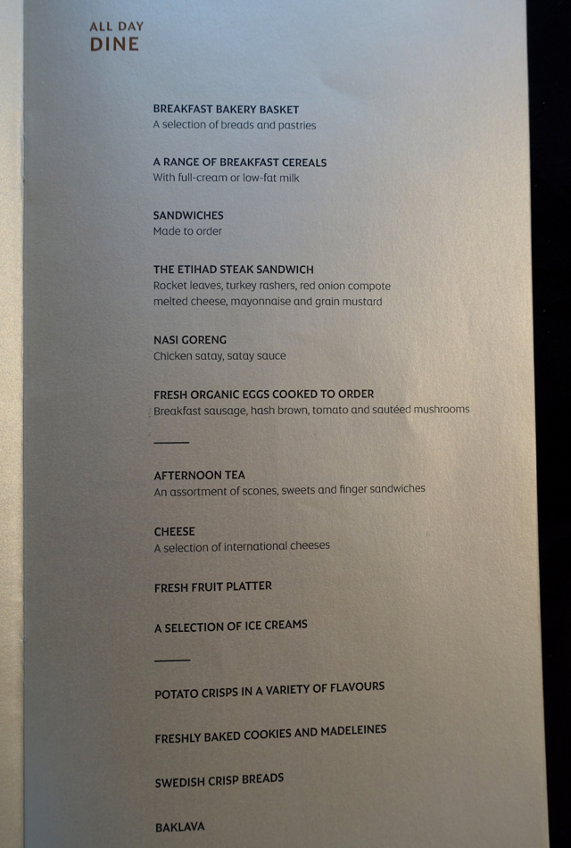 All Day Dining Menu, Etihad A380 First Class Apartment Review