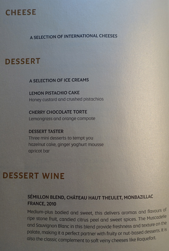 Dessert Menu, Etihad A380 First Class Apartment Review