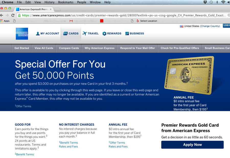 50K AMEX Premier Rewards Gold Signup Bonus Offer