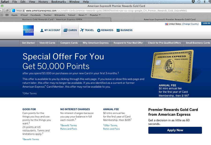 50K American Express Premier Rewards Gold Card Bonus Offer in Safari Browser