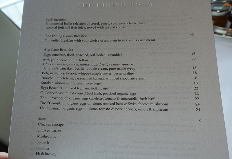 Breakfast Menu, The Park Hyatt Sydney The Dining Room Restaurant Review