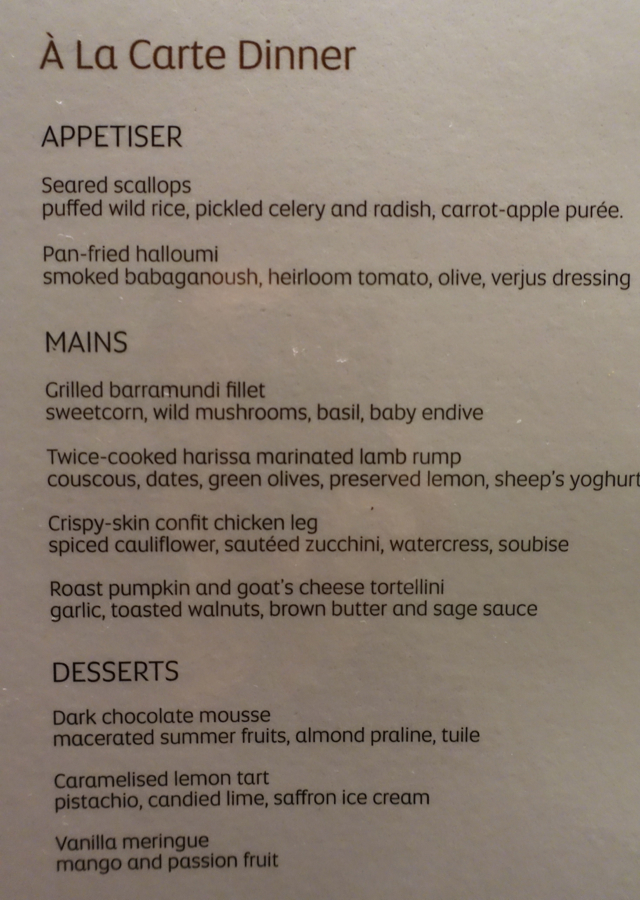 Etihad Sydney Lounge Dinner Menu