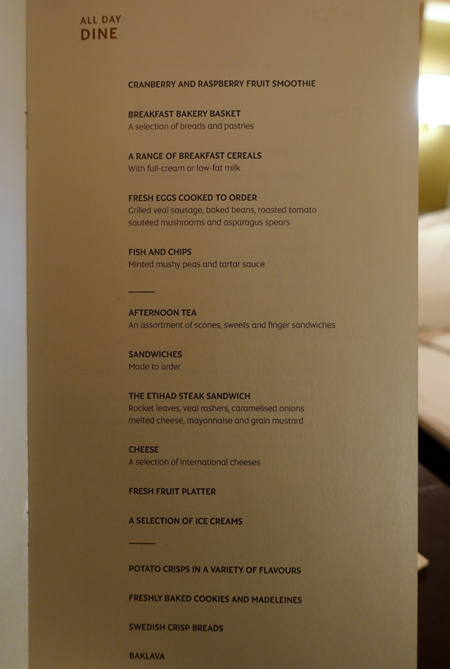 Menu, Etihad First Apartment Sydney to Abu Dhabi