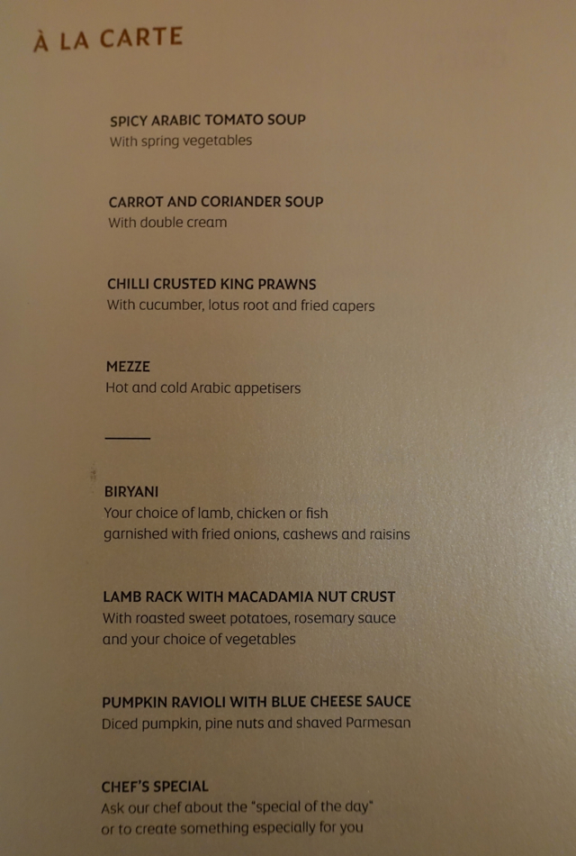 Menu, Etihad First Apartment Sydney to Abu Dhabi