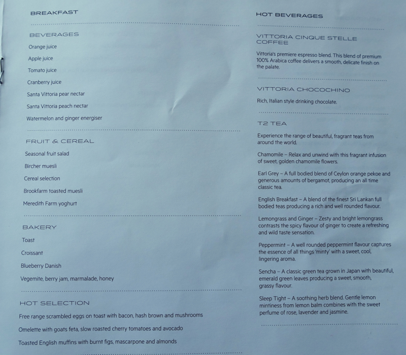 Breakfast Menu, Qantas First Class Sydney to LAX Review