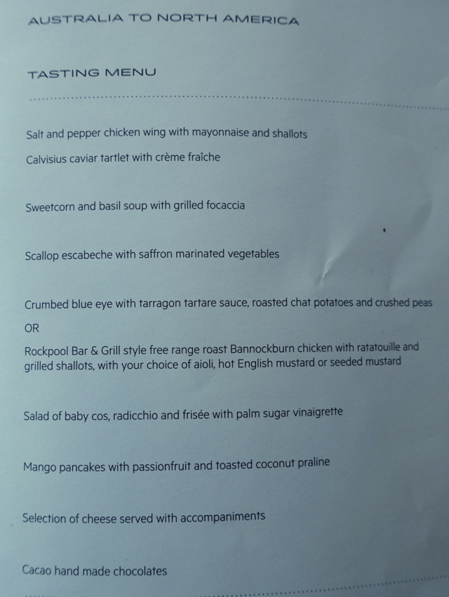 Tasting Menu, Qantas A380 First Class Sydney to LAX