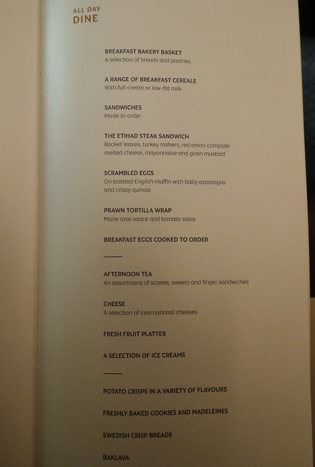 Breakfast and Snack Menu, Etihad First Class Abu Dhabi to New York JFK