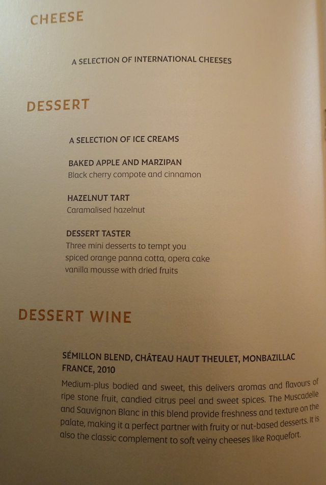 Dessert Menu, Etihad First Class AUH to NYC JFK Review