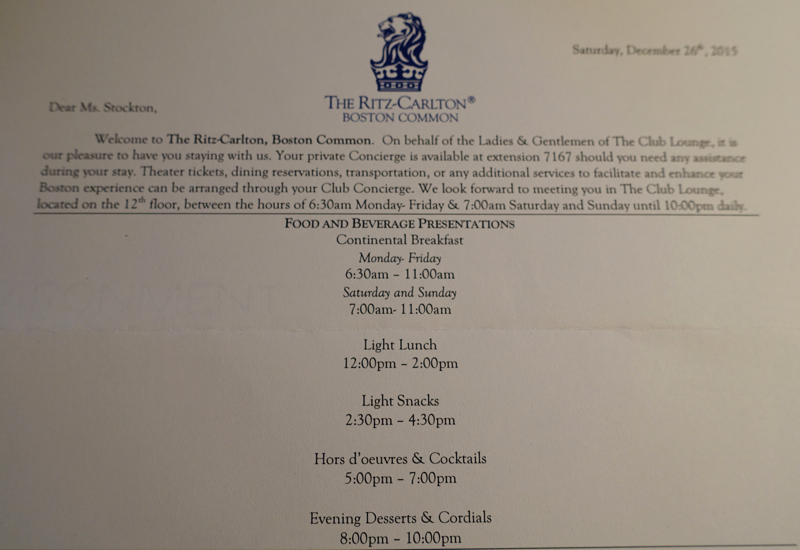 Ritz-Carlton Boston Club Lounge Letter with Food and Beverage Presentation Times