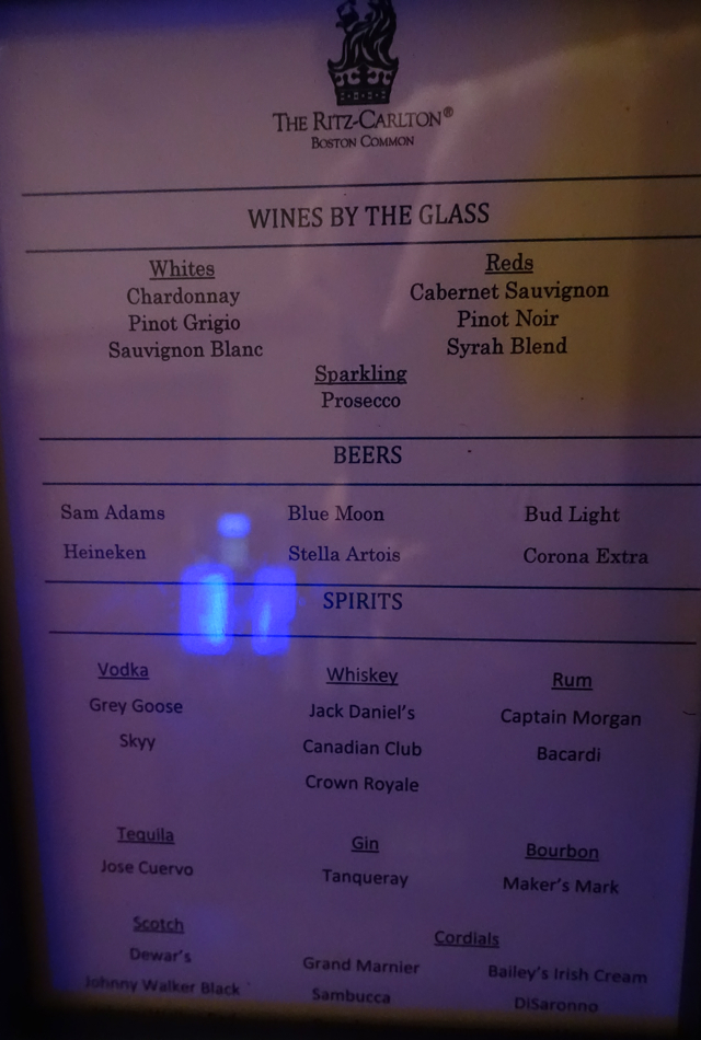 Wine and Spirts List, Ritz-Carlton Boston Common Club Lounge Review