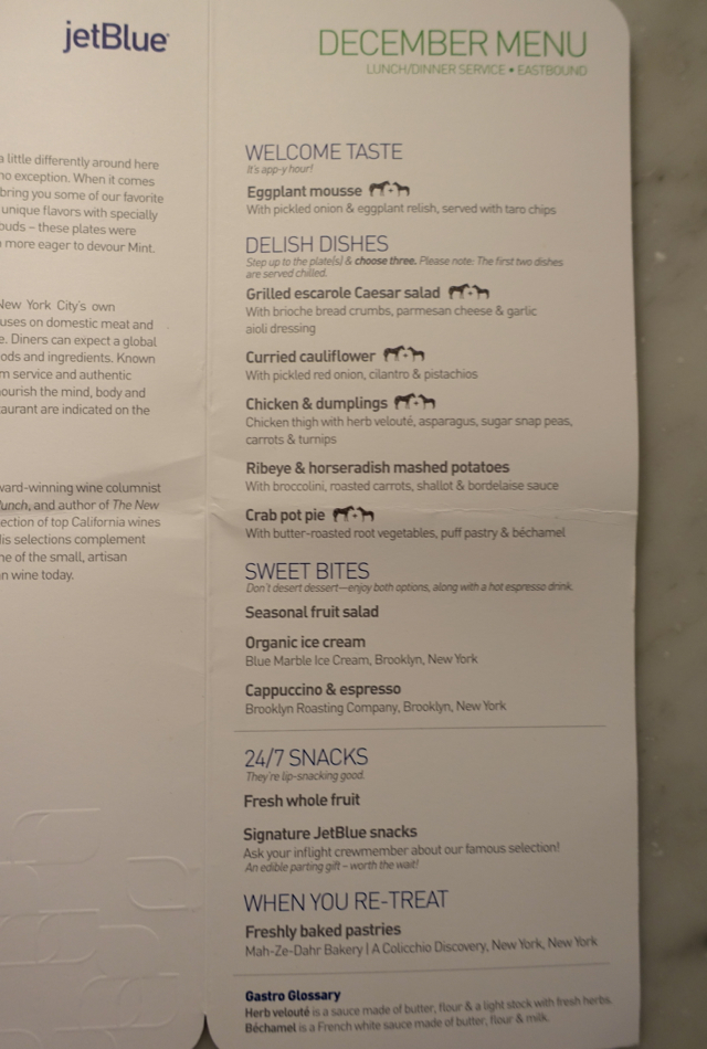 JetBlue Mint Menu SFO to New York JFK