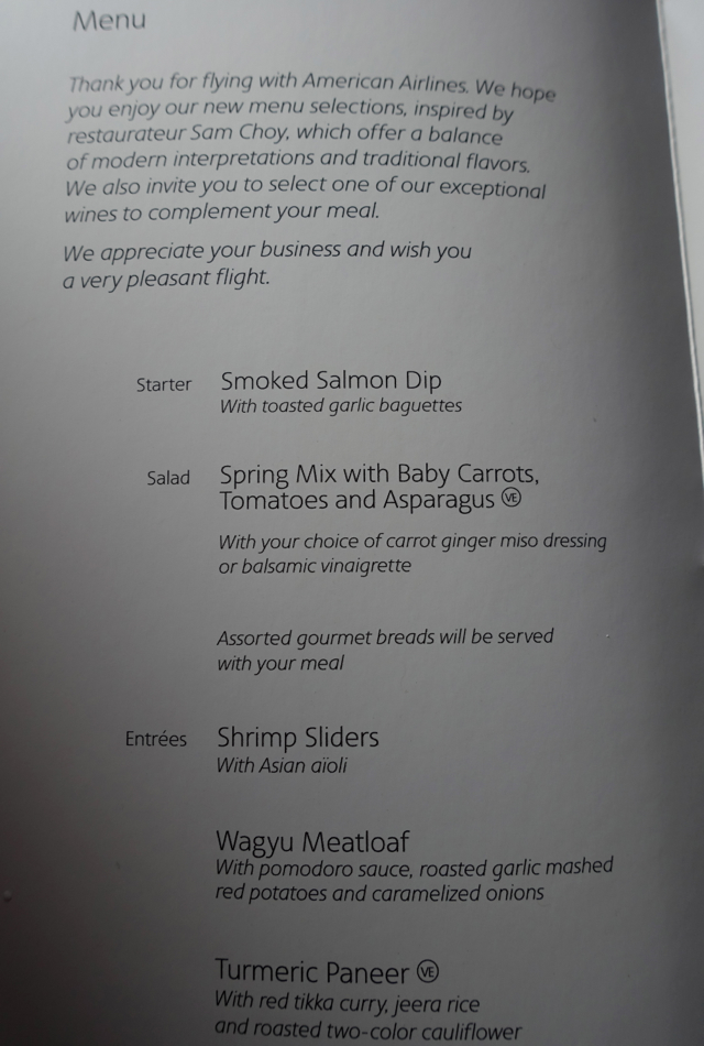 American Airlines A321 Transcon Lunch Menu JFK to LAX