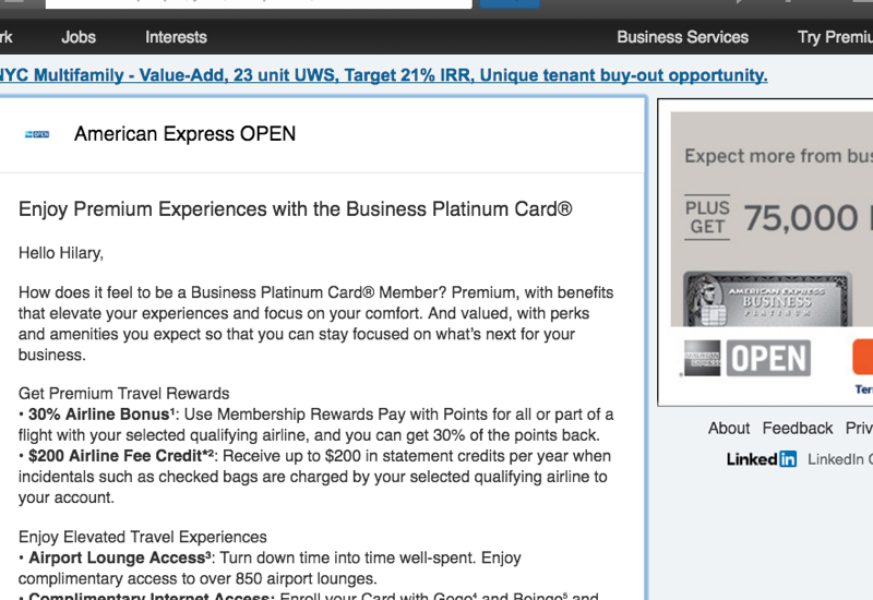 75K AMEX Business Platinum via LinkedIn Targeted Offers