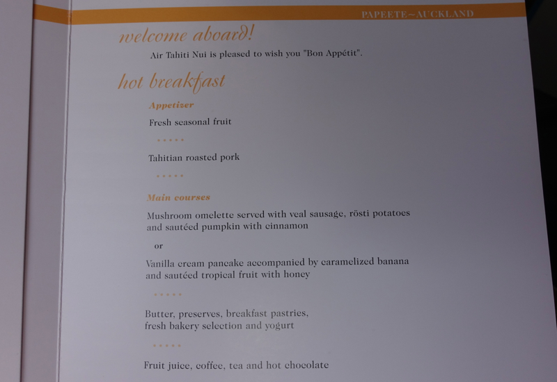 Air Tahiti Nui Business Class Menu Papeete to Auckland