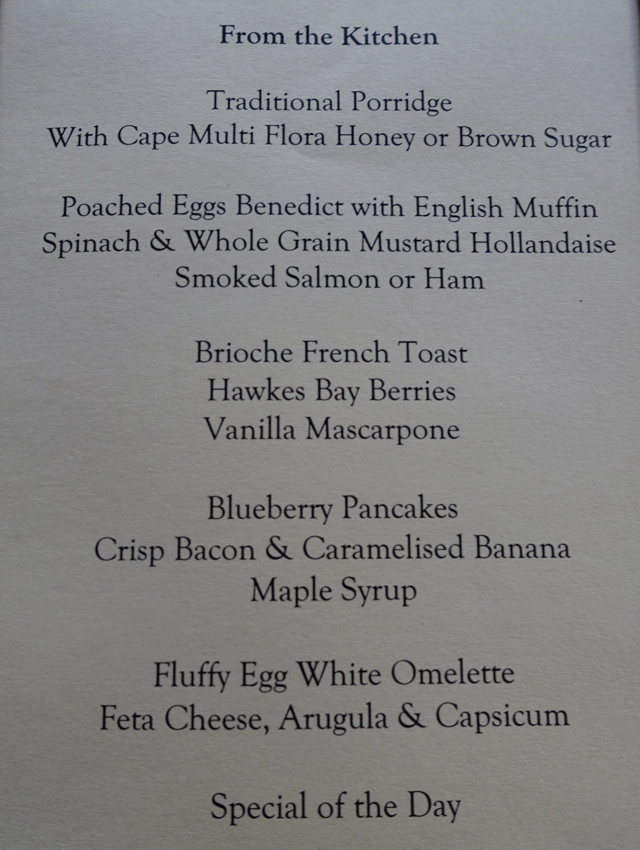 The Farm at Cape Kidnappers Breakfast Menu-Cooked to Order Eggs and Pancakes