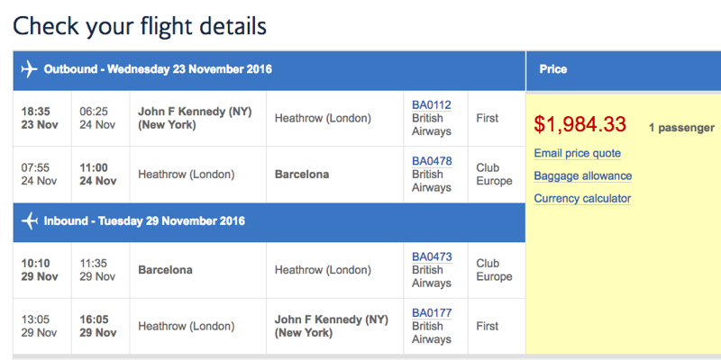 British Airways First Class to Barcelona for $1984
