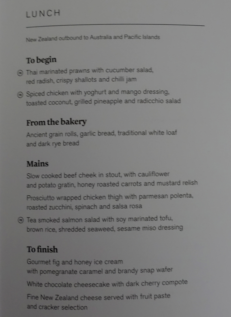 Air New Zealand Business Premier Menu