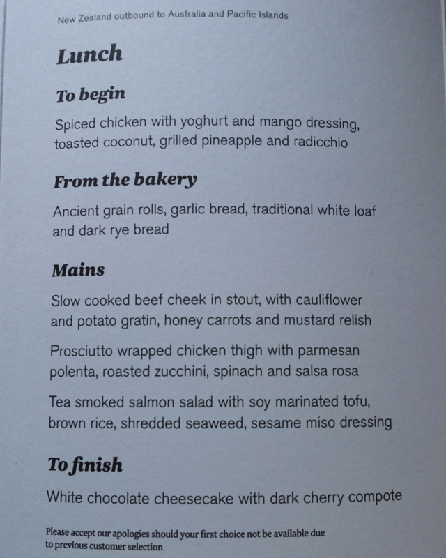 Air New Zealand Premium Economy Menu Auckland to Nadi Fiji