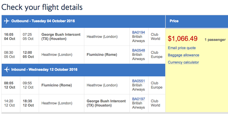 $1066 Business Class Roundtrip to Rome from Houston