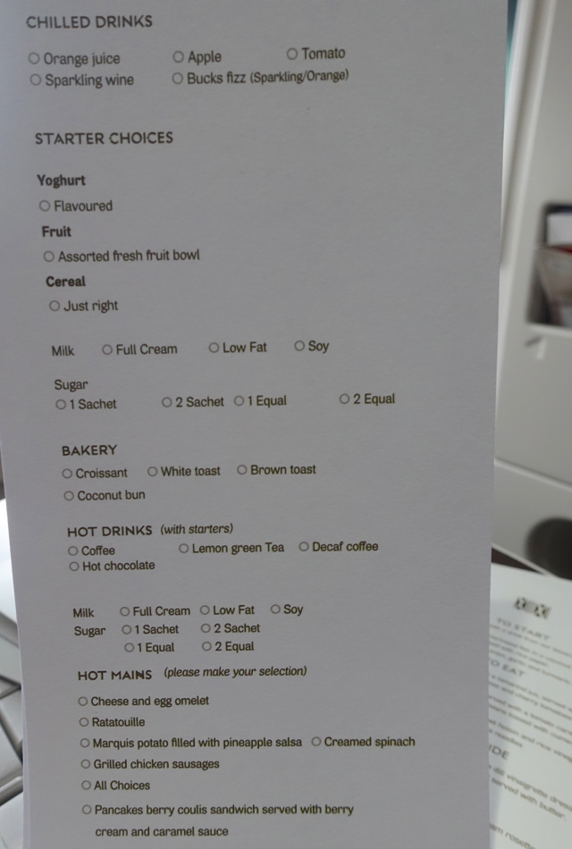 Fiji Airways Business Class Review-Breakfast Menu