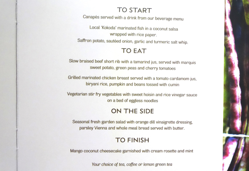 Fiji Airways Business Class Menu